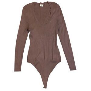 Abercrombie & Fitch Knit Bodysuit Thong Snap Crotch Brown Taupe Long Sleeve XL